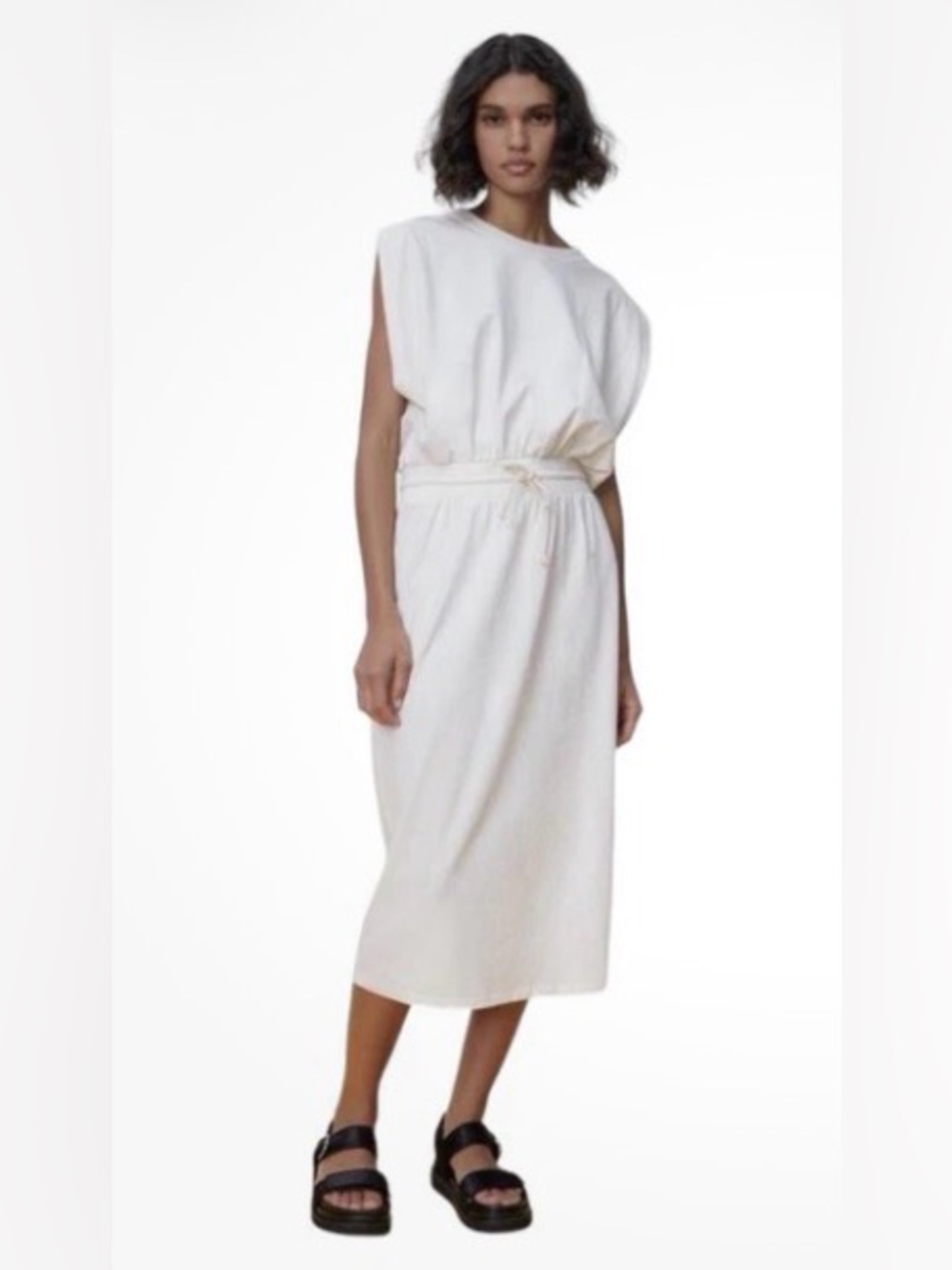Zara extended shoulder, drawcord cinched waist dress, size M